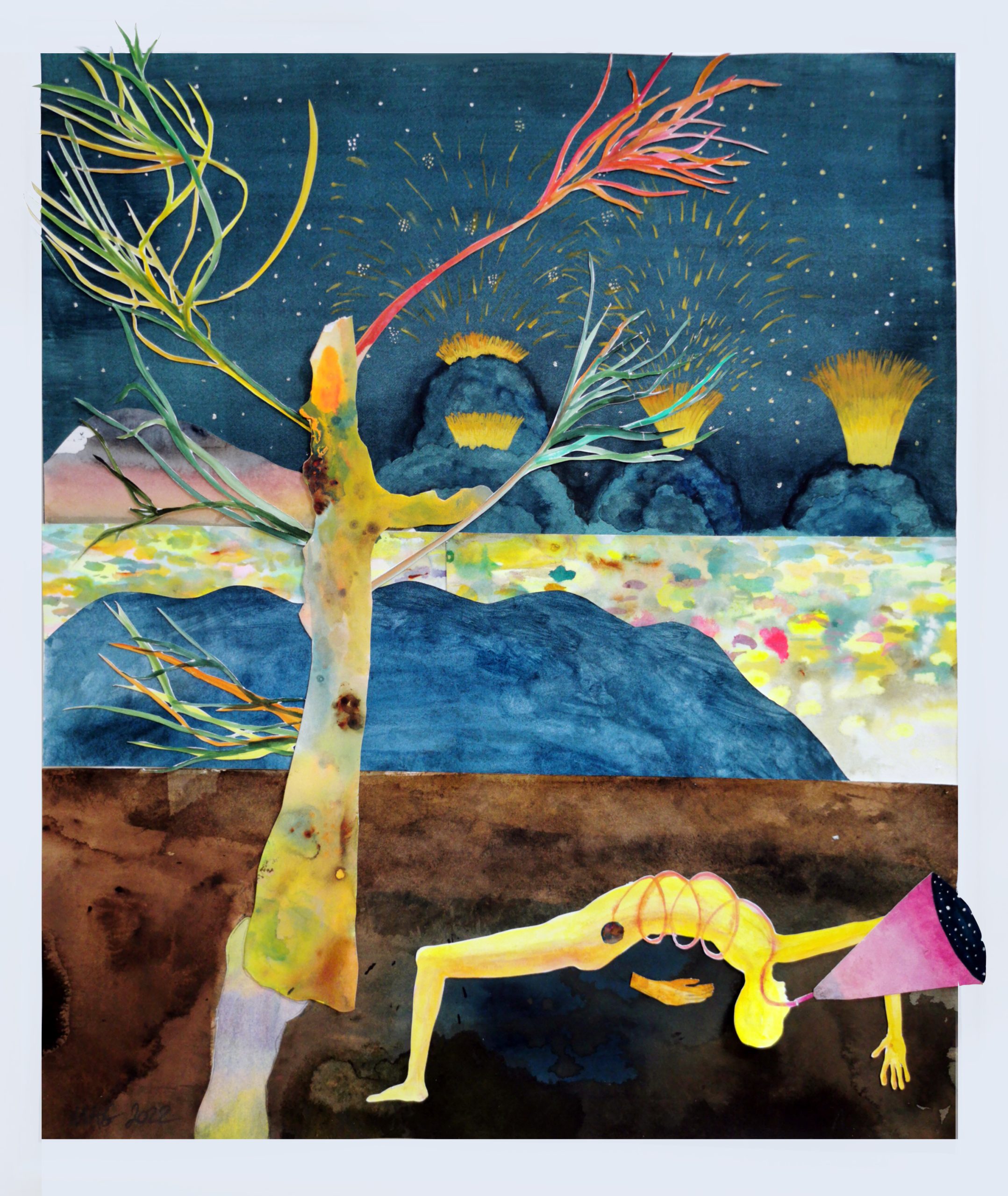 Gaube-souffleur de maux-techniques mixtes sur papier, 60 X 50cm-2023